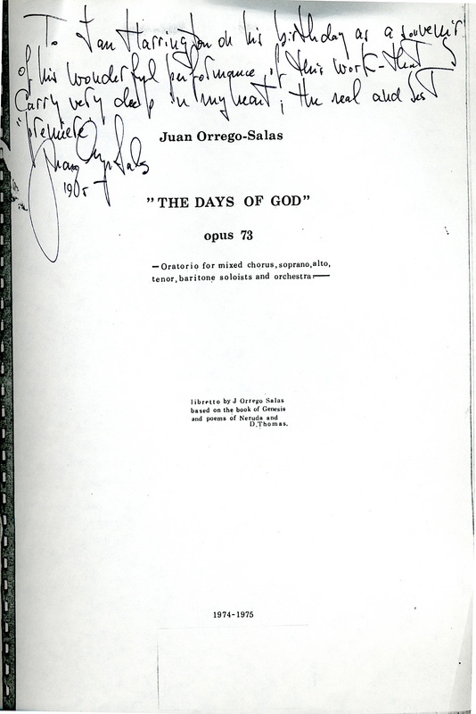 Score: Days of God, op. 73 (1976) by Juan Orrego-Salas with dedication
