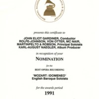 Grammy Nomination Certificate _Best Opera Recording 'Mozart- Idomeneo' English Baroque Soloists_ 1991.jpg