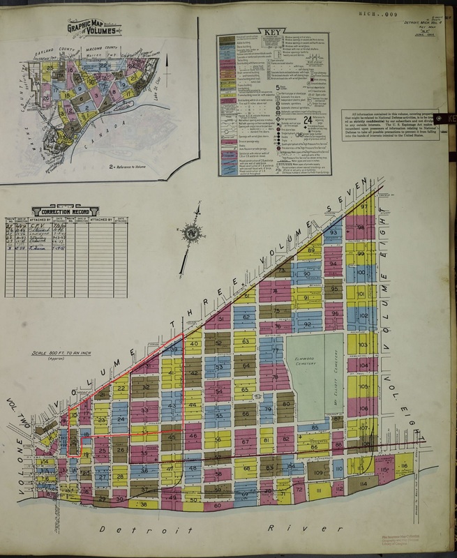 (1951) Sanborn Fire Insurance Map from Detroit, Wayne County, Michigan. Sanborn Map Company, Vol. 4, 1922 - De. [Map] Retrieved from the Library of Congress, https://www.loc.gov/item/sanborn03985_072/ (outline added)