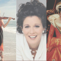 Three images of Sylvia McNair. On right, a photo of McNair playing the violin at the beach. In middle, a portrait photograph of Sylvia McNair. On left, a photo in character on stage. 
