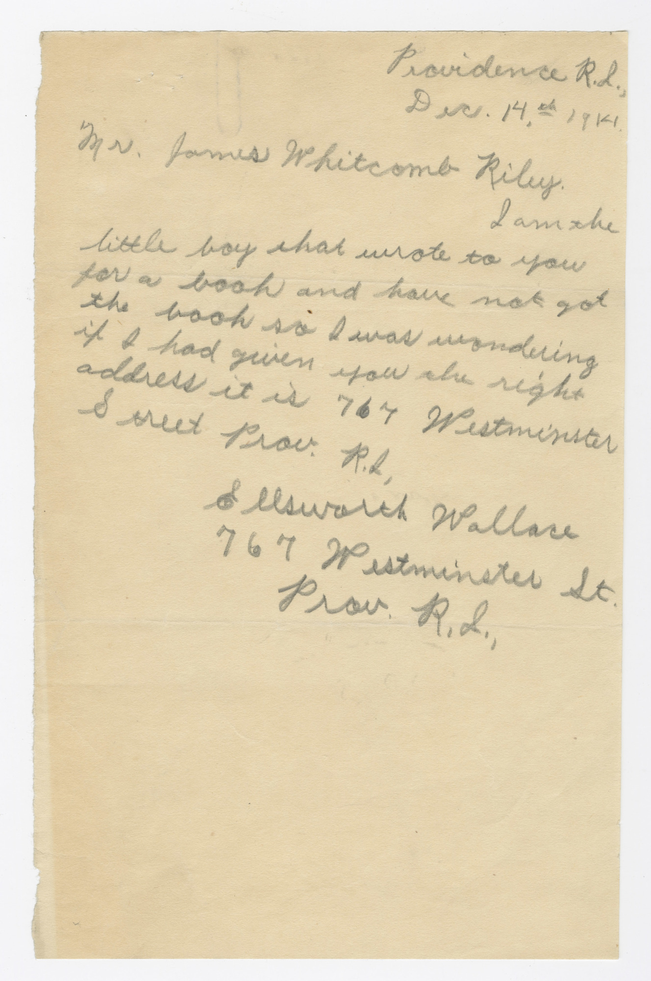 Letter from Ellsworth Wallace to James Whitcomb Riley, December 14, 1914.