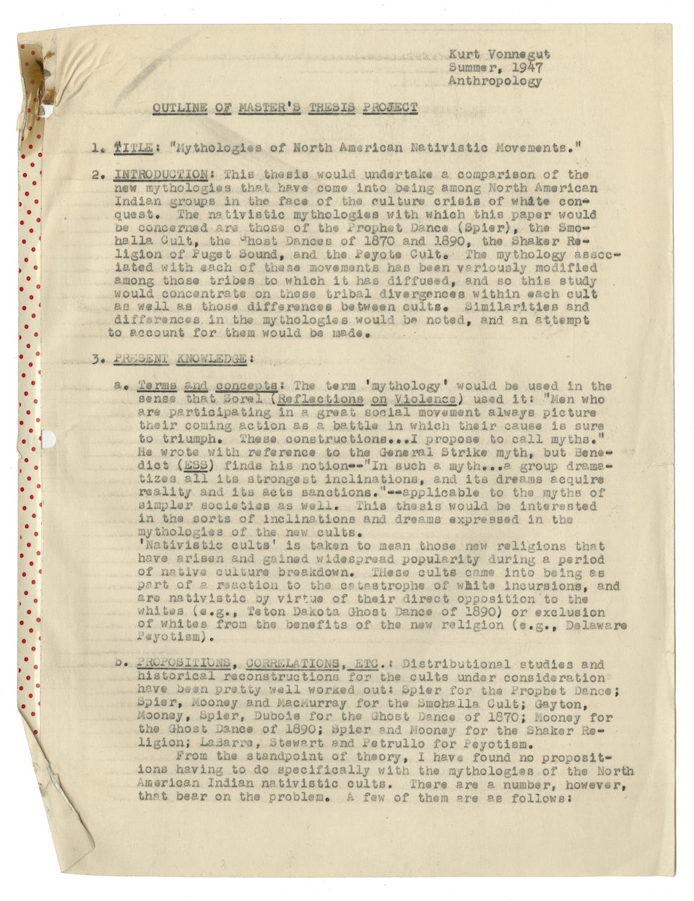 Outline of Master’s Thesis Project, “Mythologies of Native American Movements,” Summer of 1947.