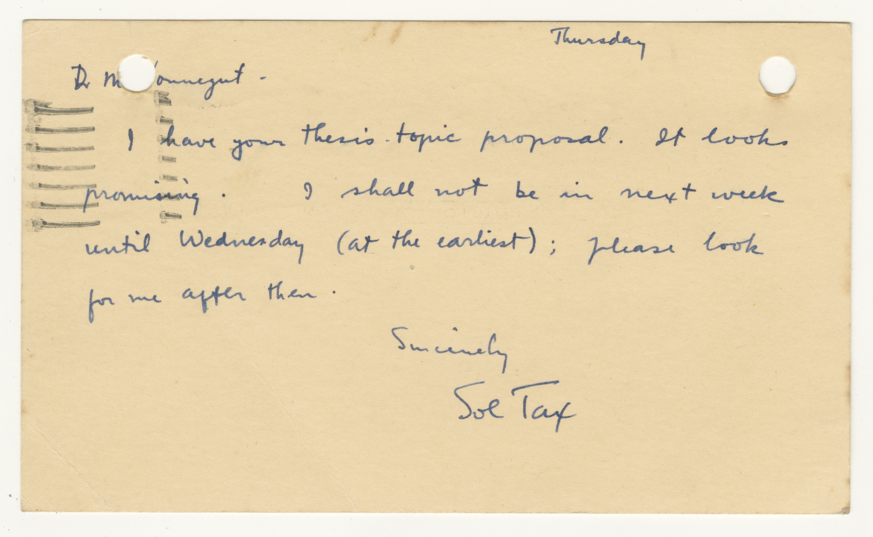 Sol Tax to Kurt Vonnegut, July 24, 1947.