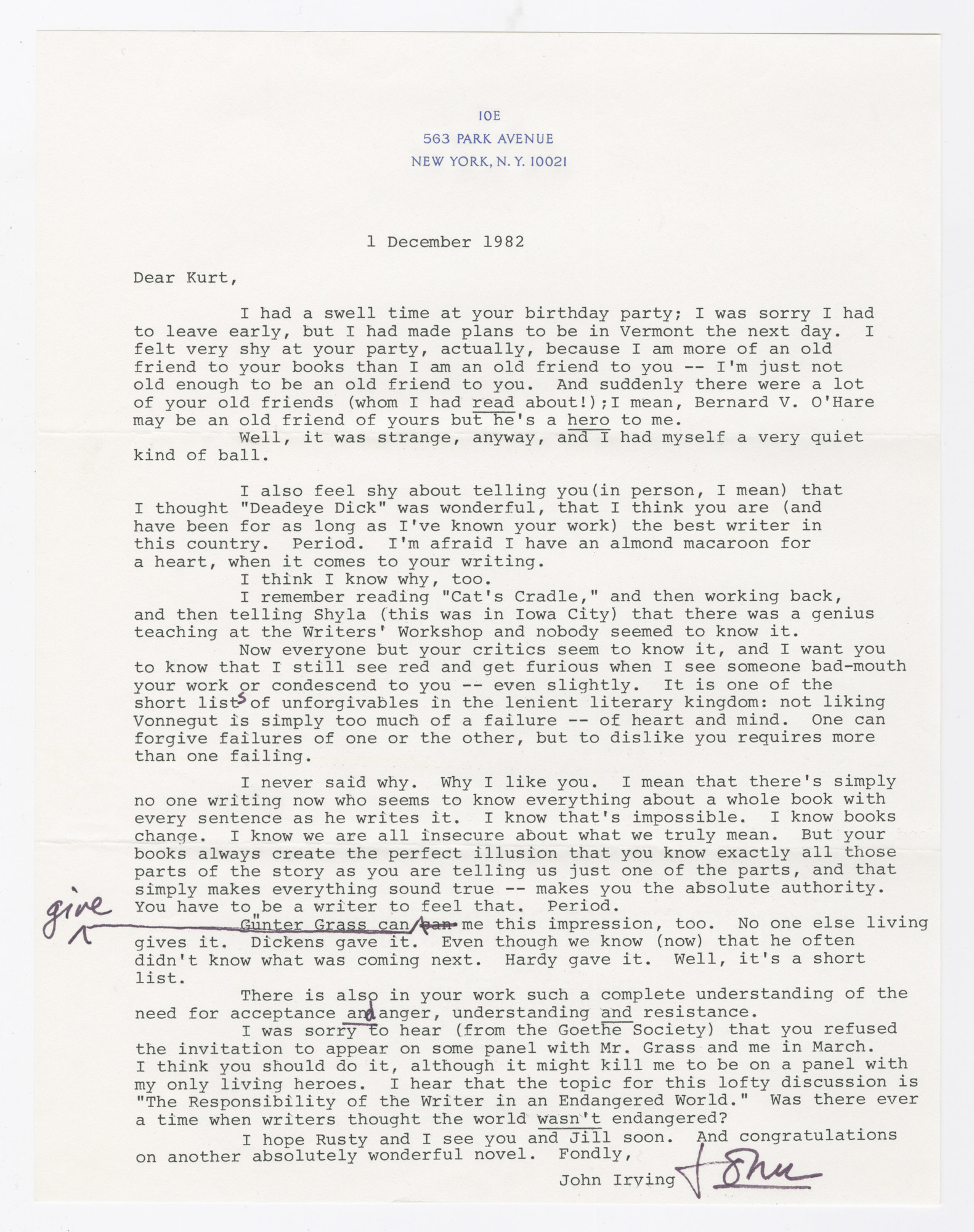 John Irving to Kurt Vonnegut, December 1, 1982.