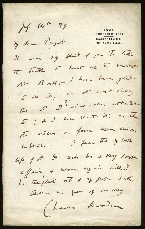 Charles Darwin to James Paget, July 14, 1874.