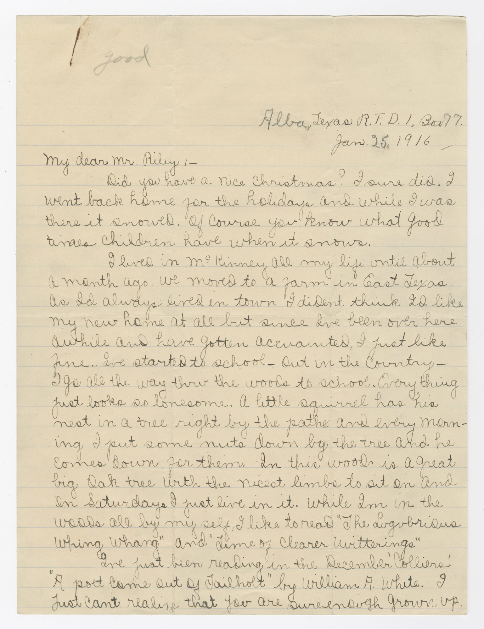 “Billy” Leta Blankenship to James Whitcomb Riley, January 25, 1916.