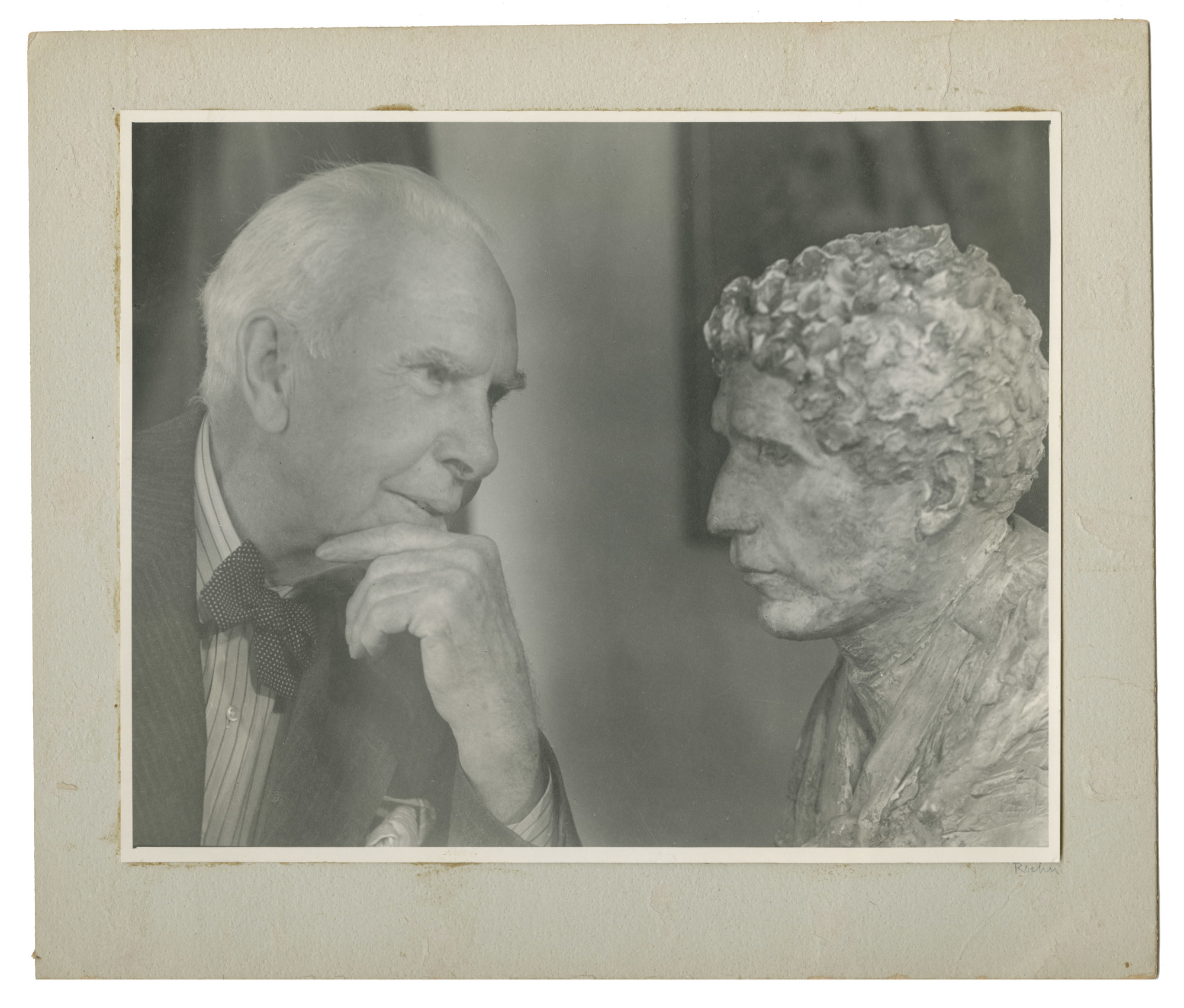 Theodore Dreiser with Bust of John Cowper Powys, California