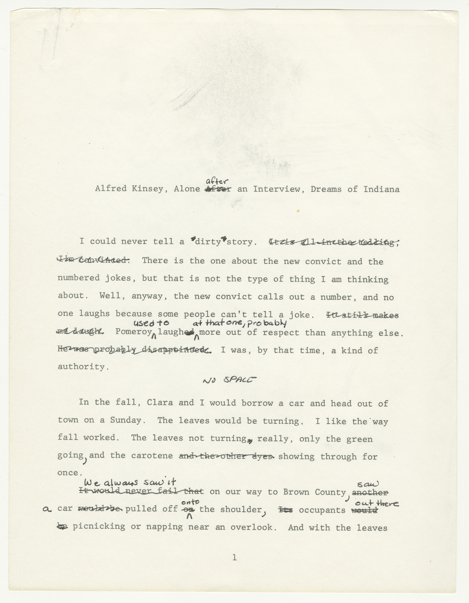 Typescript with holograph corrections of “Alfred Kinsey, Alone After an Interview, Dreams of Indiana.”