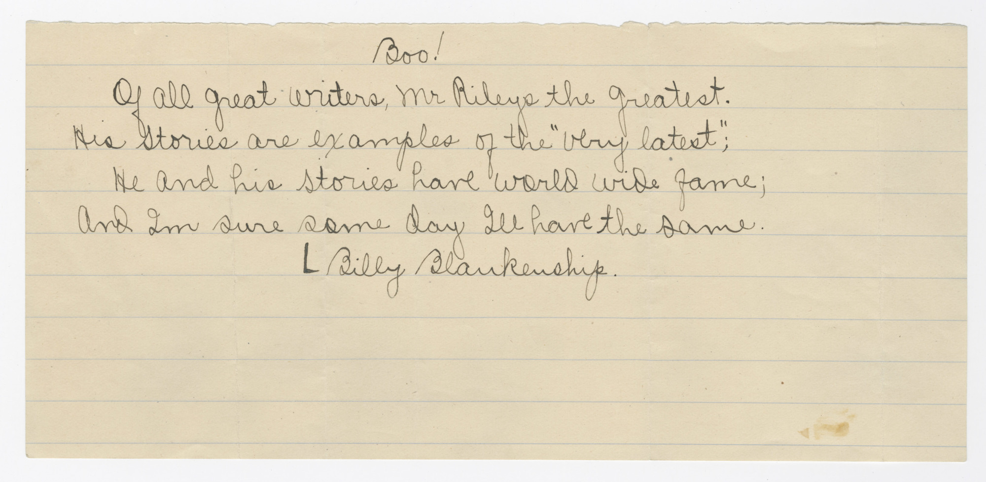 “Billy” Leta Blankenship to James Whitcomb Riley, January 25, 1916.