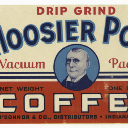 Label for vacuum-packed Hoosier Poet Coffee, featuring a rosy-cheeked Riley