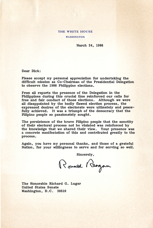 Letter from President Ronald Reagan to Senator Richard G. Lugar
