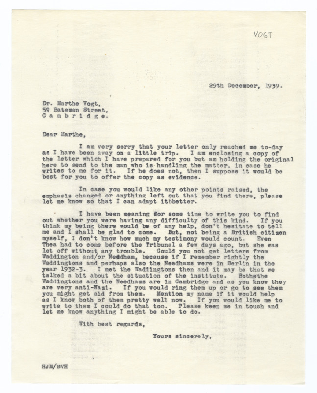 Letter to Marthe Vogt containing account of the Nazi night raid on the Kaiser Wilhelm institute