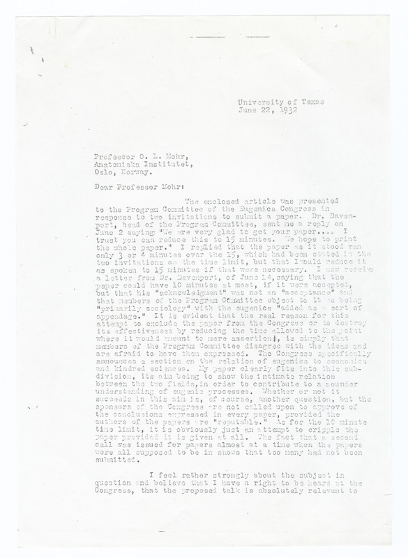 Letter to Mohr on Davenport and the Third International Congress of Eugenics