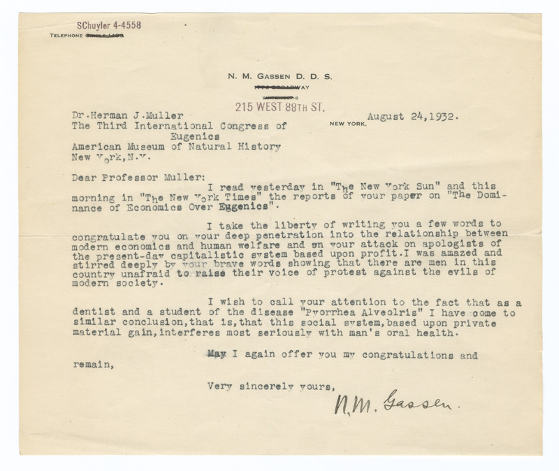 Letter to Muller from the dentist NW Gassen congratulating him on his Dominance of Economics over Eugenics talk