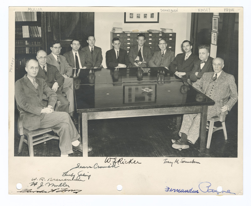 Group portrait of the Zoology department at Indiana University, Bloomington, including Herman J. Muller, Tracy M. Sonneborn, Alfred C. Kinsey, and Sears Crowell