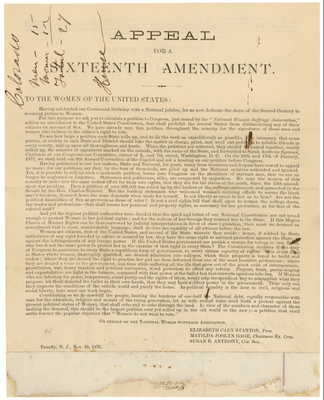 "Appeal for a Sixteenth Amendment" from the National Woman Suffrage Association