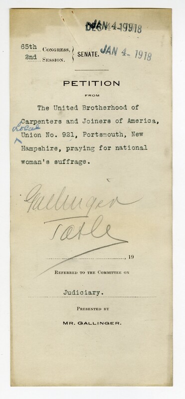 Petition from the United Brotherhood of Carpenters and Joiners of America, Local Union No. 921, Portsmouth, New Hampshire, praying for National Woman's Suffrage