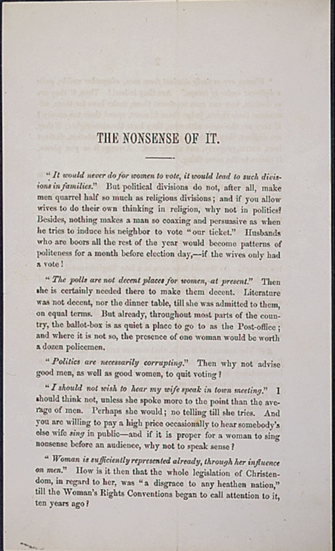 "The Nonsense of It," a Printed Pamphlet arguing for Woman Suffrage