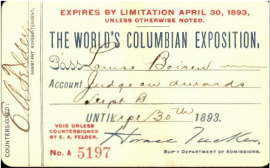 The World's Columbian Exhibit pass for Louisa Boisen