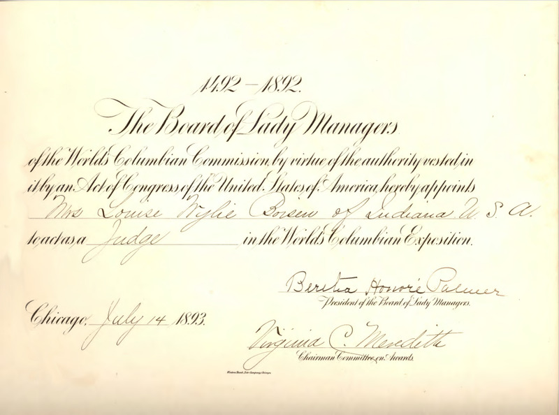 Certificate appointing Louisa Wylie Boisen as Judge on the Board of Lady Managers at the Columbian Exposition